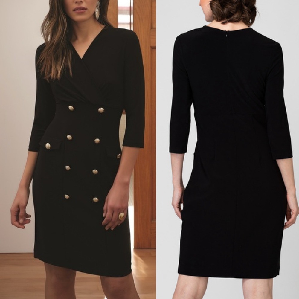 Joseph Ribkoff Canada V-Neck Jersey Dress Womens Sz 4 Black Faux Double Breasted